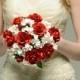 Red Rose Paper Wedding Bouquet  with Snowball Flower accents