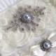Bridal rhinestone applique heirloom garter set. Cream/ Ivory stretch lace Something Blue Pearl wedding garter. ELOISE