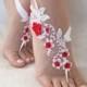 white red flowers lace barefoot sandals, FREE SHIP, beach wedding barefoot sandals, belly dance, lace shoes, bridesmaid gift, beach shoes