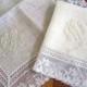 Wedding Handkerchief: Ivory Color Irish Linen Lace Handkerchief with 3-Initial Monogram and Date