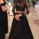 Two Piece A-line Floor-Length Lace Long Sleeves Black Prom Dress