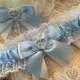 WEDDING GARTER baby blue and white satin and lace garter heart diamante bows