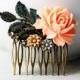 Peach Rose, Latte, Grey Flowers with Verdigris Patina Leaves Hair Comb. vintage style, bridesmaid hair comb, wedding hair accessory