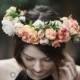 Peach Silk Flower Hair Crown, with Peonies, Roses, Ranunculus, Cabbage Roses, Dried Hill Flowers, Cherry Blossoms and Greenery