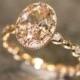 Floral Morganite Engagement Ring In 14k Rose Gold Diamond Pebble Band 8x6mm Oval Pinkish Peach Morganite Wedding Ring (Bridal Set Available)