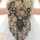 Ready to ship 6" Rose gold and black BROOCH BOUQUET in waterfall cascading teardrop gold  Great Gatsby style, jeweled with rose design