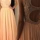 Stunning Round Neck Floor-Length Open Back Pleated Peach Prom Dress with Beading