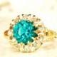 Antique Engagement Ring 2.37ctw Green & Clear Glass Halo Ring Imitation Emerald Alternative Engagement Ring 10K Gold May Birthstone Ring