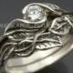 WEDDING RING SET -Delicate Leaf Engagement ring with matching Wedding Band.  This set in sterling silver