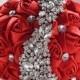 Red Satin Bridal Bouquet - Roses Pearls Crystals