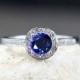 Blue Sapphire & Diamond Halo Engagement Ring channel set Round .8ct 5mm 14k 18k White Yellow Rose Gold-Platinum-Custom made-Wedding-Promise