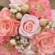 Peach Rose Wedding Bouquet, Silk Flower Bouquet made with Coral Roses, Peach Roses, Coral Dahlia's and Ivory Baby Breath.