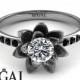 Unique Engagement Ring Diamond ring 14K White Gold Flower White diamond With Black Diamond - Lotus Engagement Ring