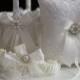 Antique White Wedding Flower Girl Basket   Off White bearer Pillow, Bridal Garter Set, Lace Wedding garters with brooch, lace wedding basket