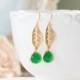 Gold Leaf Earrings, Emerald Green Earrings, Dangle Earrings, Leaf Jewelry, Woodland Wedding, Bridesmaid Earrings, May Birthstone Jewelry
