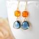 Orange Tangerine Sapphire Blue Earrings Gold Dangle Earrings Montana Blue Navy Blue Glass Drop Earrings Wedding Earrings Bridesmaid Gift