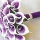 Silk Flower Wedding Bouquet - Purple Heart Calla Lilies Natural Touch with Crystals Silk Bridal Bouquet