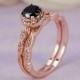 1.03 ctw Round Halo Ring, Man Made Black CZ, Rose Gold Plated Sterling Silver Engagement Wedding Ring Set_ sv2251