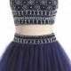 Beading Halter Straps Two-pieces Short Blue Prom Dress KSP450