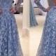 Blue Backless Lace Long Sleeves Jewel Bowknot Sweep Train Long Prom Dress