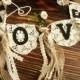 Wedding LOVE Burlap Banner Vintage Lace Bunting SHABBY baby shower Chic Rosettes Cream