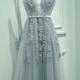 Elegant A-Line V-Neck Sleeveless Gray Long Prom Dress with Lace from Dressywomen