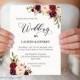 Floral Wedding Invitation Template, Printable Wedding Invites, Burgundy Rose, Rustic Boho Chic, Winter Wedding Invite Set, DIY PDF