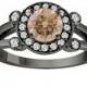 Champagne & White Diamond Engagement Ring Vintage Style 14k Black Gold 1.03 Carat Certified Unique Halo