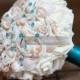 Turquoise seashell bouquet, malibu beach wedding bouquet, roses and shells bridal bouquet with pins, cruise beach and destination wedding