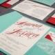 Aqua and Red Invitations, Modern Invites, Pocketfold Invitation, Turquoise and Red - "Sweeping Script" Pocketfold, No Layers, v3 - SAMPLE
