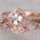 2pcs Morganite Bridal Ring Set,Engagement ring Rose gold,Diamond wedding band,14k,6mm Cushion Cut,Promise Ring,Retro Vintage Floral,Art Deco