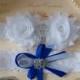 Wedding Garter/Bridal Garter/ White Stretch Lace /White Flower with  Rhinestones /Something Blue