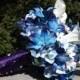 Bridal bouquet with Blue galaxy orchids, hydrangea, real touch medium calla lilies and jeweled stephanotis bouquet, choose your orchid