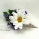 Daisy and Lavender Boutonniere in Silver holder, Groomsmen Flower Pin, White and Purple Mens Lapel Decoration
