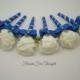 White Rosebud Boutonniere with Royal Blue Ribbon, Mens Wedding Flower, Groomsmen Lapel Bloom Pin