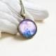 Magic Night //  Round pendant metal brass with Pegasus under glass // A horse with wings // Purple, pink, blue, violet