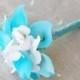 Wedding Bouquet Off White Hydrangeas and Aruba Aqua Turquoise Calla Lilies Silk Flower Bride Bouquet - Almost Fresh