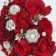Christmas Red Silk Brooch Wedding Bouquet - Natural Touch Roses and Brooch Jewel Bride Bouquet - Rhinestones
