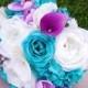Wedding Teal Turquoise and Purple Natural Touch Roses Silk Flower Bride Bouquet - Peacock Colors