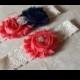 Coral / Navy Wedding Garter -  Bridal Garter Set - Ivory Stretch Lace -  Rhinestone embellishment.  .