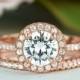 1.5 ctw Classic Round Halo Bridal Set, Man Made Diamond Simulants, Wedding Band, Halo Engagement Ring, Sterling Silver, Rose Gold Plated