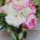 Silk Wedding Bouquet with Pink and Cream Peonies, Ranunculus, Cabbage Roses, Garden Roses and Greenery, Bridal Bouquet