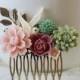 Sage Green and Dusky Pink Flowers Collage Hair Comb. Brass Leaf  Ivory Bird Wedding Bridal Hair Comb