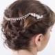 Art Deco Forehead Chain, Bridal White flowers Headpiece, Draping Rhinestone Hairpiece, Freshwater Pearls forehead jewelry