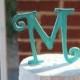 Rustic distressed wood curly letter initial wedding cake topper. Turquoise or custom color.