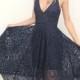 Black Lace Deep V-neck Mid-Calf A-line Prom Bridesmaid Dress from Dressywomen
