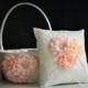 Peach Ring Bearer Pillow \ Peach Flower Girl Basket \ Peach Wedding Pillow \ Peach Wedding Basket Pillow Set \ Ivory Peach Bearer Pillow