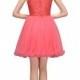 Popular Bateau Sleeveless Short Coral Prom Dress with Beading Lace Top