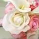Pink white and Ivory wedding bouquet in real touch roses and calla lillies and silk pink roses and ranuculus, bridal bouquet