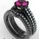 Black Gold Pink Sapphire Wedding Ring Set,Unique Engagement Ring Set,Diamond Wedding Ring Set,Double Shank Ring Set,Custom Engagement Ring